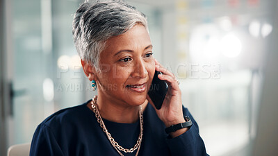 Buy stock photo Business woman, phone call and discussion in office for communication, planning schedule and news. Talk, mature person and mobile for thinking, conversation and negotiation feedback of project