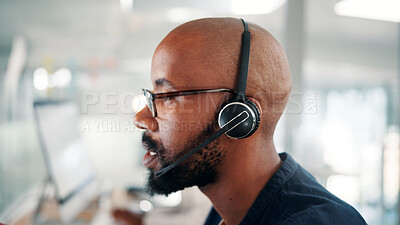 Buy stock photo Office, call center and black man with headset on computer for contact us, crm service and customer support. Business, consultant and profile of person talking for communication, advice and feedback