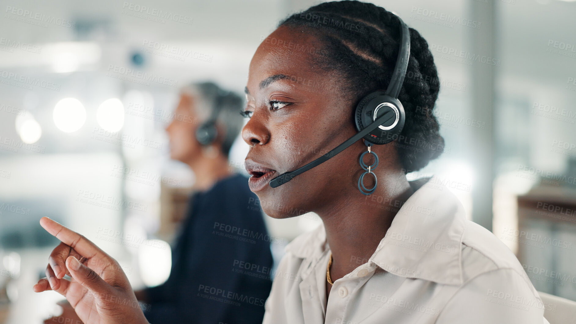 Buy stock photo Business woman, consultant and call center with headset for customer service or online advice. Female person, agent or talking with mic on technology for virtual assistance, help or communication