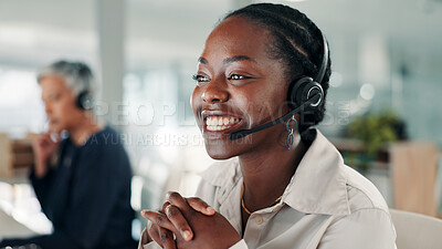 Buy stock photo Happy woman, agent and talking with headset for call center, virtual assistance or customer service. Female person, consultant or smile with technology, mic or help for online communication at office