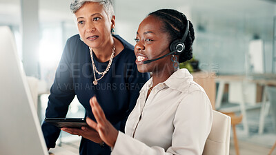Buy stock photo Call center, women and advice at computer for business, feedback or problem solving in telemarketing. Sales agent, mentor and discussion at tech with help, training or tablet for management.