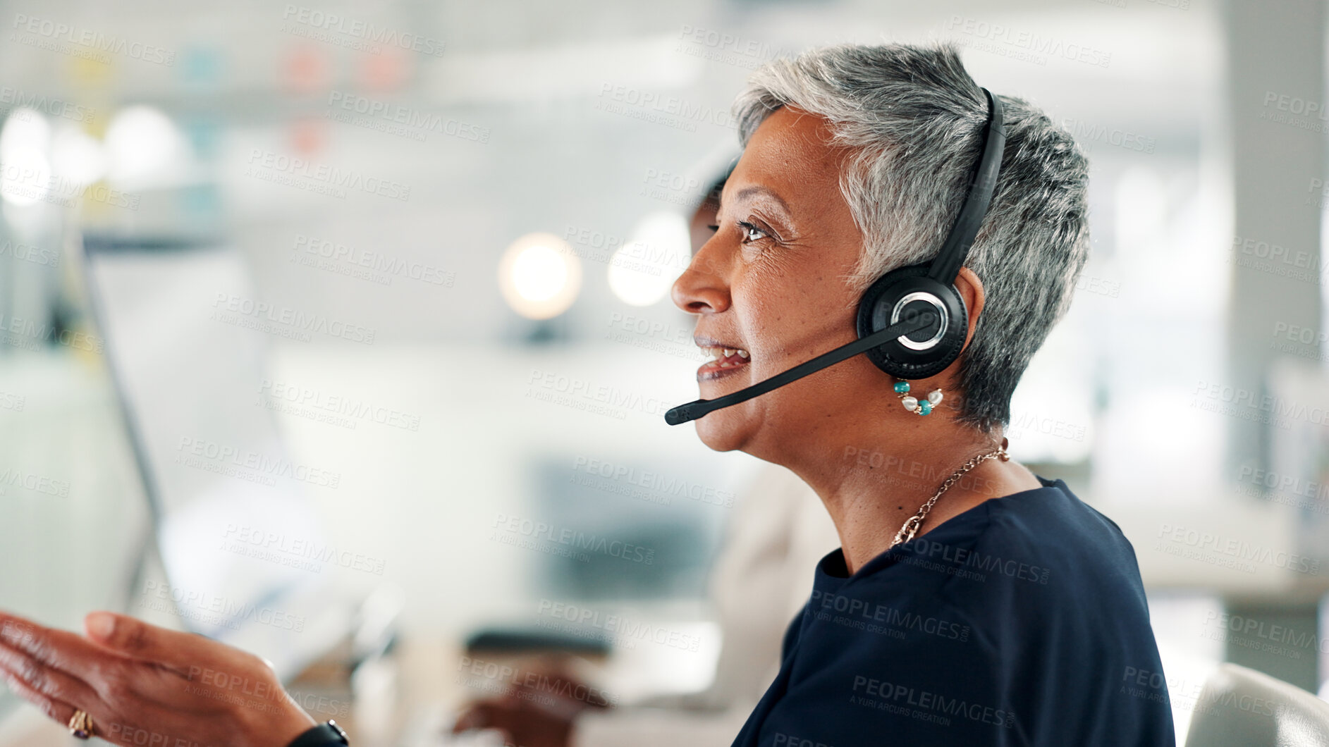 Buy stock photo Mature woman, agent and talking with headset on computer for online advice or customer service. Female person, consultant or employee with mic or technology for virtual assistance at call center