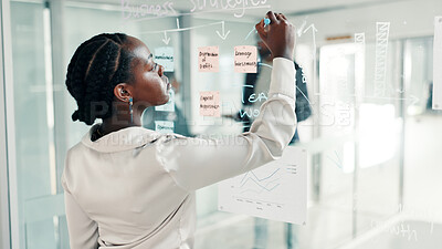 Buy stock photo Black woman, writing or brainstorming with glass board for schedule planning at office. Female person, planner or employee taking notes with mindmap ideas for strategy, reminder or tasks at workplace