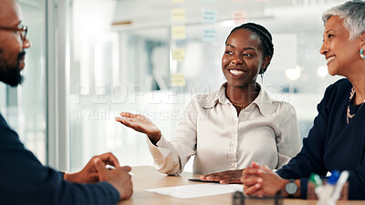 Buy stock photo Discussion, job interview and business women with candidate in office for recruitment process. Meeting, document and acquisition specialists with applicant for resume review in hiring evaluation