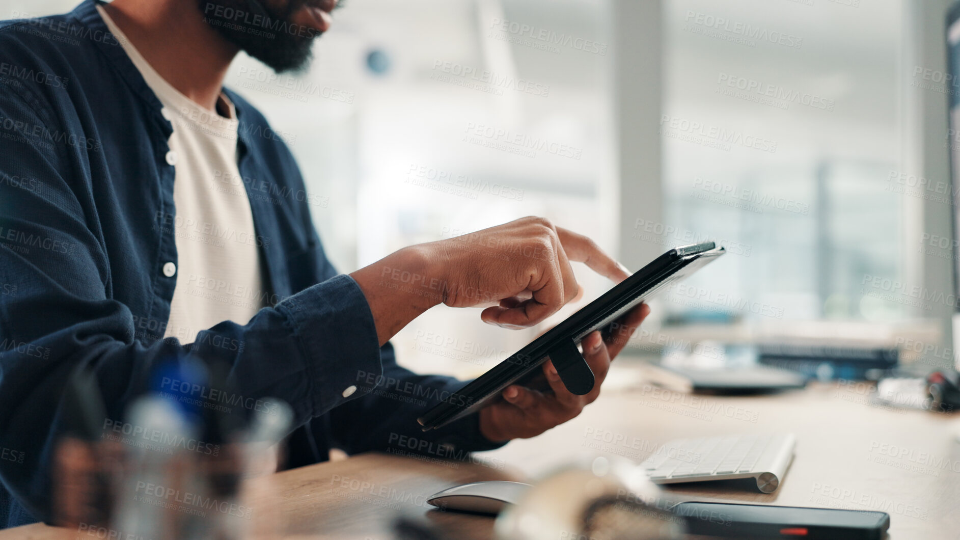 Buy stock photo Businessman, hands and tablet in office for research, project planning and scroll on networking platform. Employee, tech and typing at desk for communication, email draft or browsing for productivity