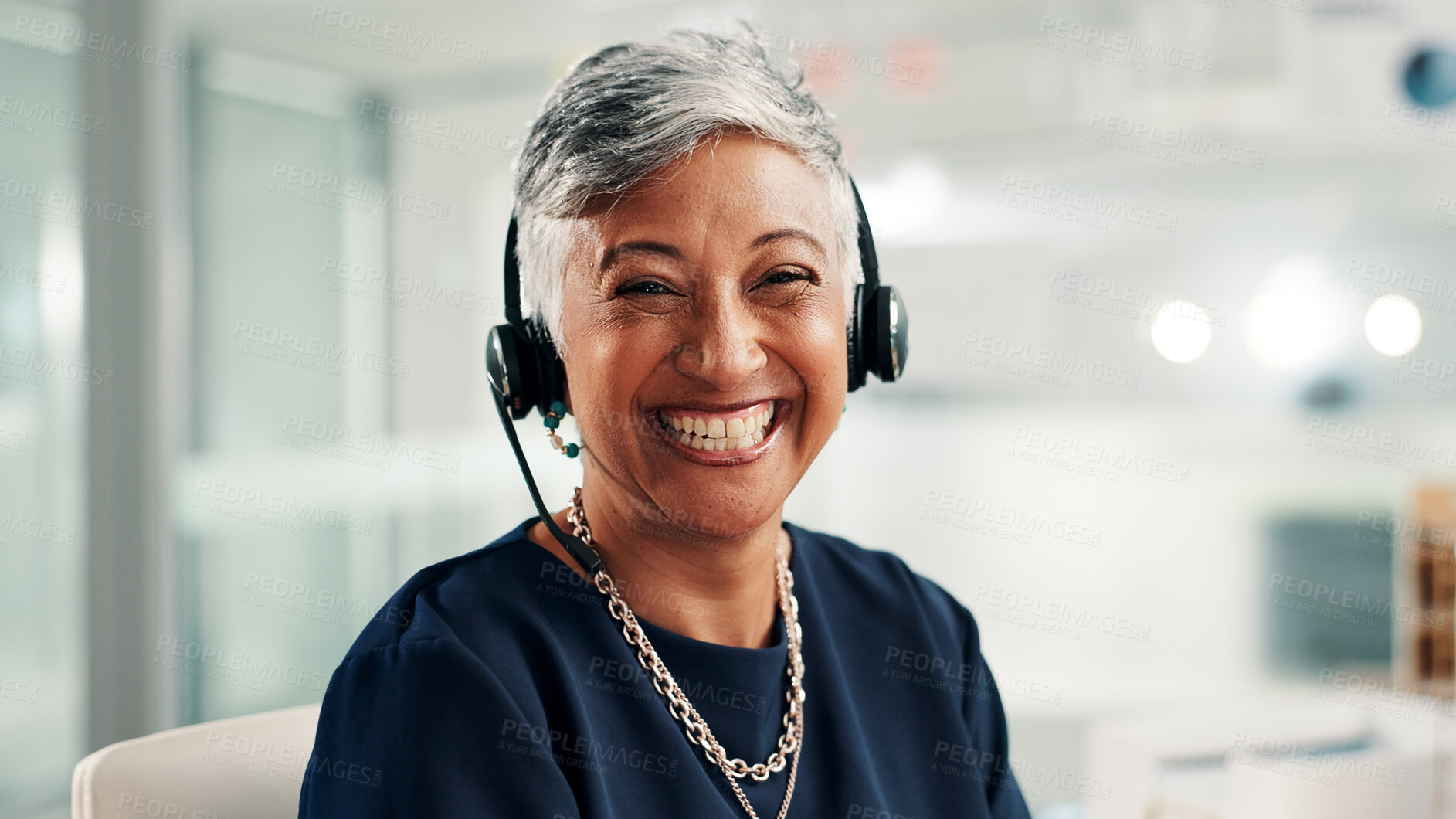 Buy stock photo Portrait, mature woman and call center consultant in office for online consultation with crm. Contact us, help and female tech support agent from Mexico, service and troubleshooting problem.