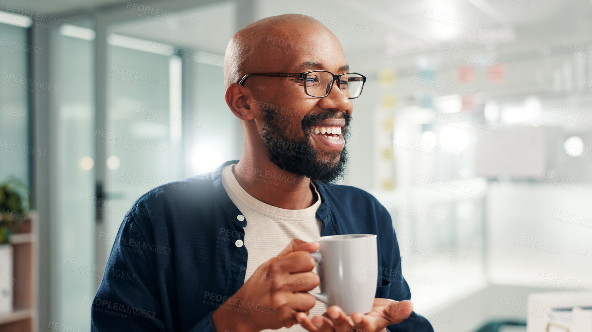 Buy stock photo Black man, coffee and happy with thinking at office with insight, solution and excited for project. African person, mug and smile with perspective, drink and problem solving at creative agency