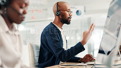 Buy stock photo Man, agent or discussion with headset at call center for customer service or online advice. Male person, consultant or employee talking with mic on technology for virtual assistance or help at office