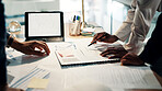 Documents, hands and tablet screen with business people in office together for finance or wealth management. Accounting, paperwork and report with employee team in workplace for investment review