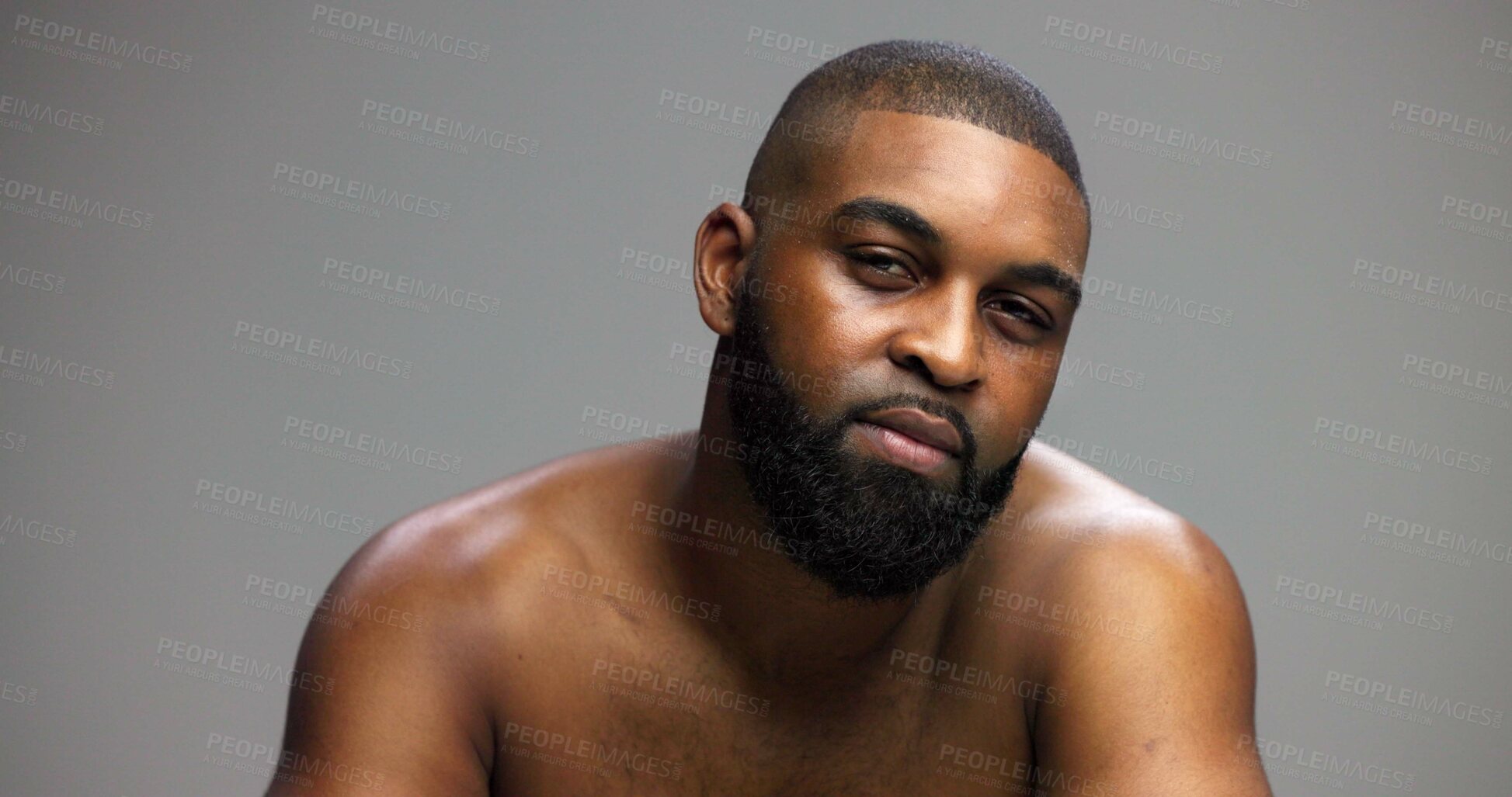 Buy stock photo Beauty, skincare and portrait of black man in studio for salon, grooming and dermatology. Cosmetics, glow and self care with person and facial on gray background for hydration, hygiene and shine