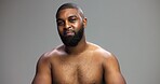 Portrait, skincare and black man in studio, wellness and cosmetics on gray background. African person, mockup space and model with treatment, grooming and shine with dermatology, glowing and beauty