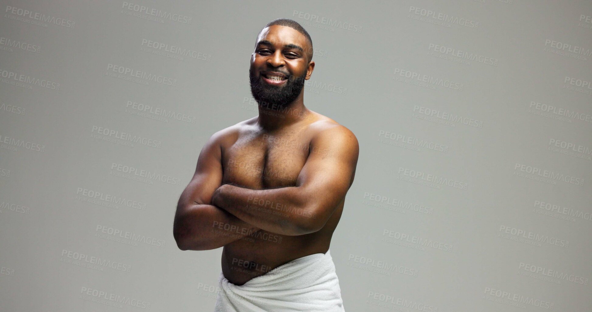 Buy stock photo Portrait, skincare and black man in studio, arms crossed and dermatology on grey background. African person, space and happy model with cosmetics, shirtless and muscle with confidence, smile or pride