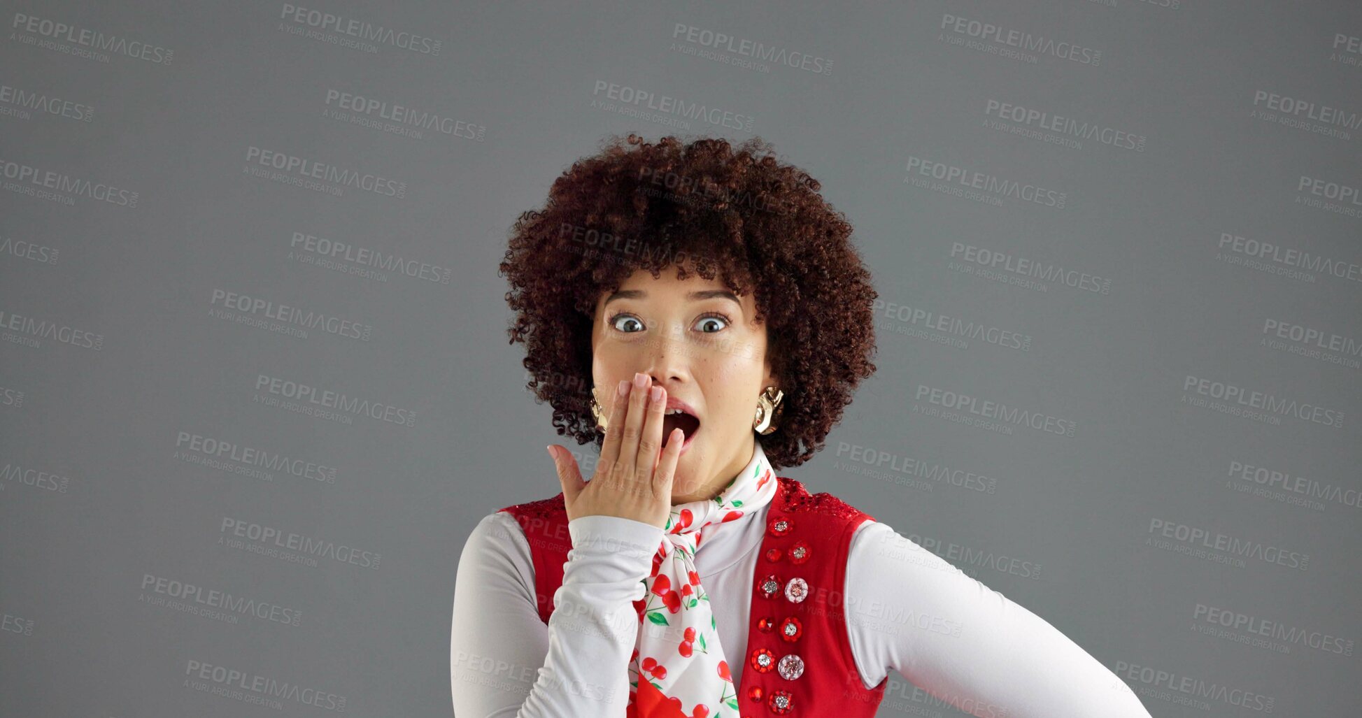Buy stock photo Woman, portrait and surprise news in studio, wow reaction or expression with retro fashion alert on gray background. Shock, announcement or vintage clothes sale, discount revelation and mind blown