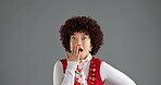 Woman, portrait and surprise news in studio, wow reaction or expression with retro fashion alert on gray background. Shock, announcement or vintage clothes sale, discount revelation and mind blown