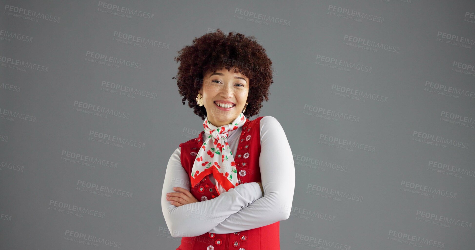 Buy stock photo Happy, crossed arms and portrait of woman in studio with trendy clothes, cool style and retro outfit. Mockup space, fashion and isolated person with confidence, pride and smile on gray background
