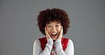 Surprise, happy and portrait of woman in studio with mockup space for sale, discount or prize. Shock, excited and female person from Colombia with good news, announcement or deal by gray background.