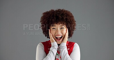 Buy stock photo Surprise, happy and portrait of woman in studio with mockup space for sale, discount or prize. Shock, excited and female person from Colombia with good news, announcement or deal by gray background.