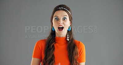 Buy stock photo Woman, portrait and shock news in studio, wow reaction or expression with open mouth on gray background. Surprise, announcement or mockup space with revelation, mind blown or positive opportunity