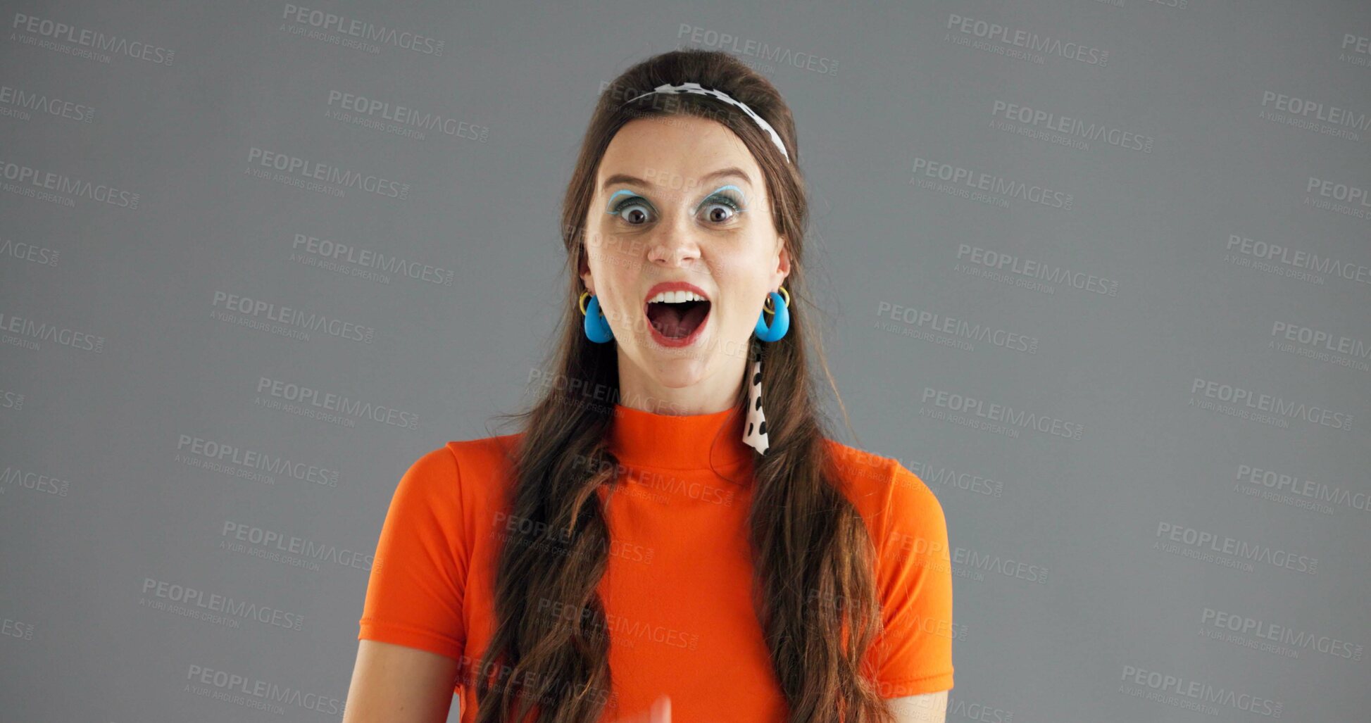 Buy stock photo Woman, portrait and shock news in studio, wow reaction or expression with open mouth on gray background. Surprise, announcement or mockup space with revelation, mind blown or positive opportunity