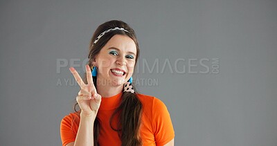 Buy stock photo Portrait, smile and woman with peace sign for fashion on gray background mockup space with retro style. Happy, hand gesture and person with v symbol for victory, winning emoji and success in studio
