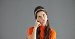 Vintage, fashion and woman with thinking in studio for problem solving, solution and reflection. Mockup space, girl and thoughtful with retro style on gray background for decision, doubt and question