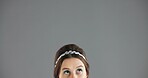 Woman, face and eyes with idea closeup, thinking or solution with problem solving for brainstorming in studio. Vision, dream or mindset for decision, female person and mockup space on gray background