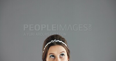 Buy stock photo Woman, face and eyes with idea closeup, thinking or solution with problem solving for brainstorming in studio. Vision, dream or mindset for decision, female person and mockup space on gray background