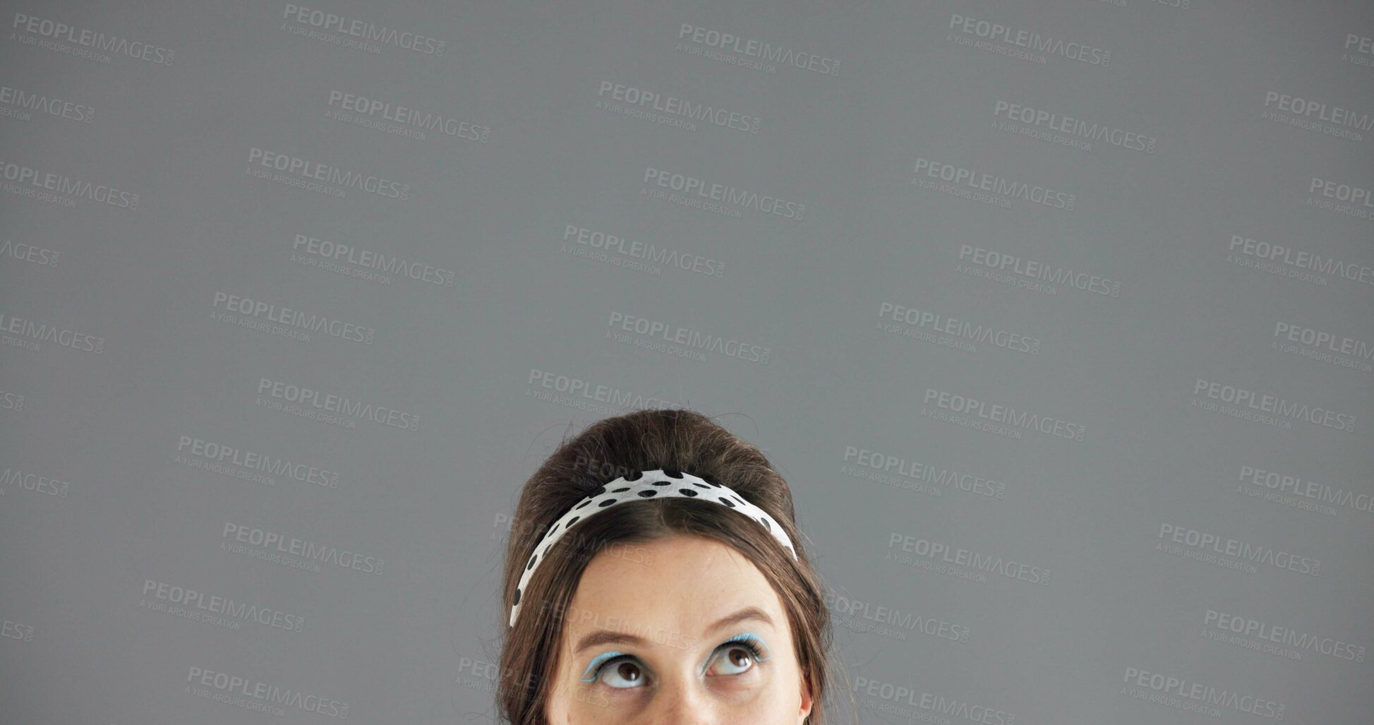 Buy stock photo Woman, face and eyes with idea closeup, thinking or solution with problem solving for brainstorming in studio. Vision, dream or mindset for decision, female person and mockup space on gray background