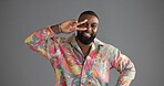 Portrait, peace sign or black man in studio, vintage fashion or clothing style on gray background. African person, emoji or model with hand gesture, v symbol or icon with retro outfit or mockup space