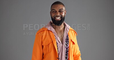 Buy stock photo Fashion, happy and portrait of black man in studio to model retro clothes, outfit or style. Confident, satisfaction and smile with African person isolated on gray background for vintage aesthetic