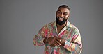 Fashion, portrait and smile of black man in studio to model retro clothes, outfit or style. Confident, happy and satisfaction with African person isolated on gray background for vintage aesthetic