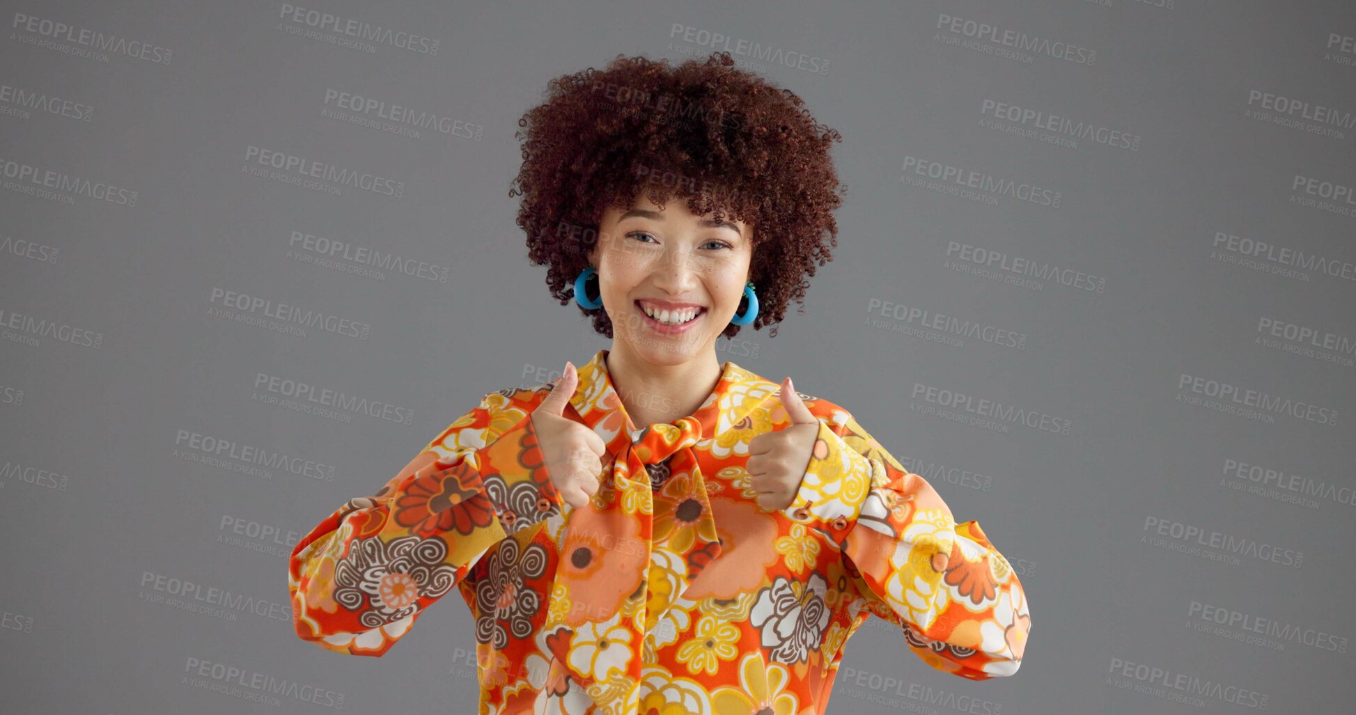 Buy stock photo Fashion, vintage and thumbs up with portrait of woman for groovy aesthetic, success and approval emoji. Feedback, retro style and support with person on gray background for designer review and vote