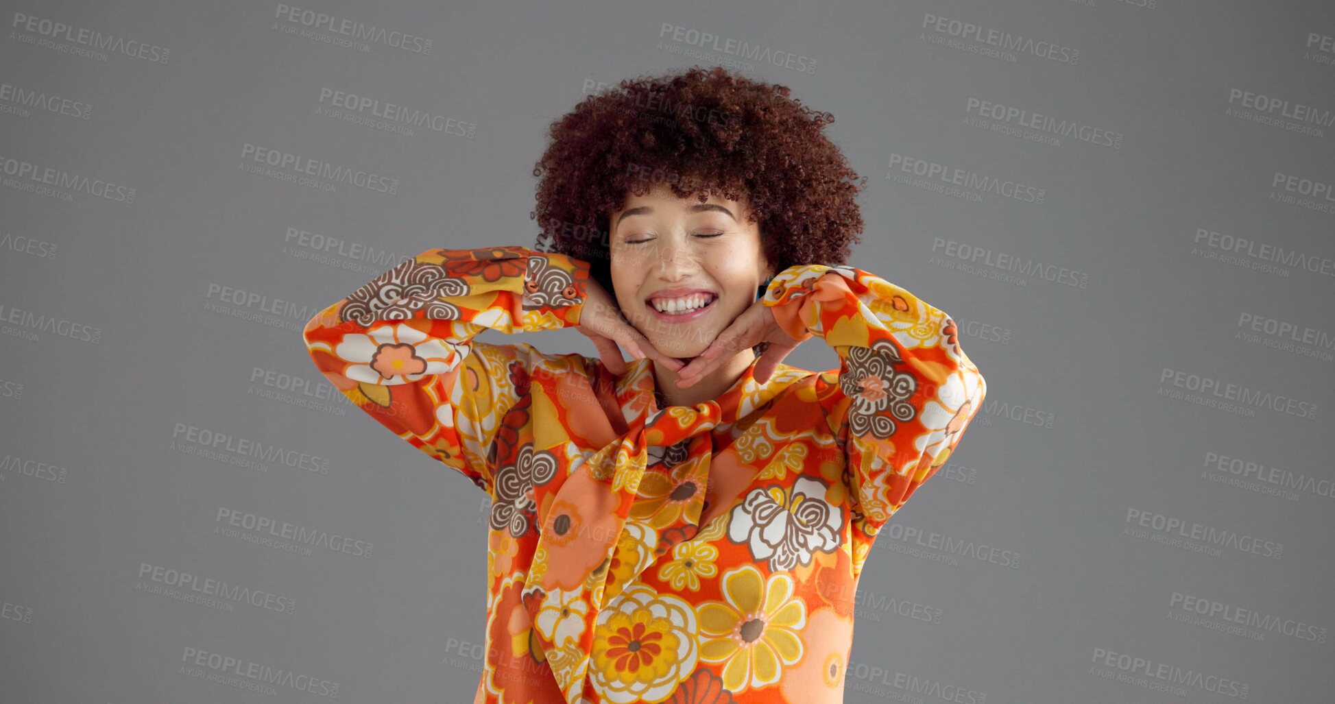 Buy stock photo Girl, happy and retro fashion in studio for aesthetic outfit, vintage style and confident personality. Mockup space, woman and smile with floral shirt on gray background for pride or colorful clothes