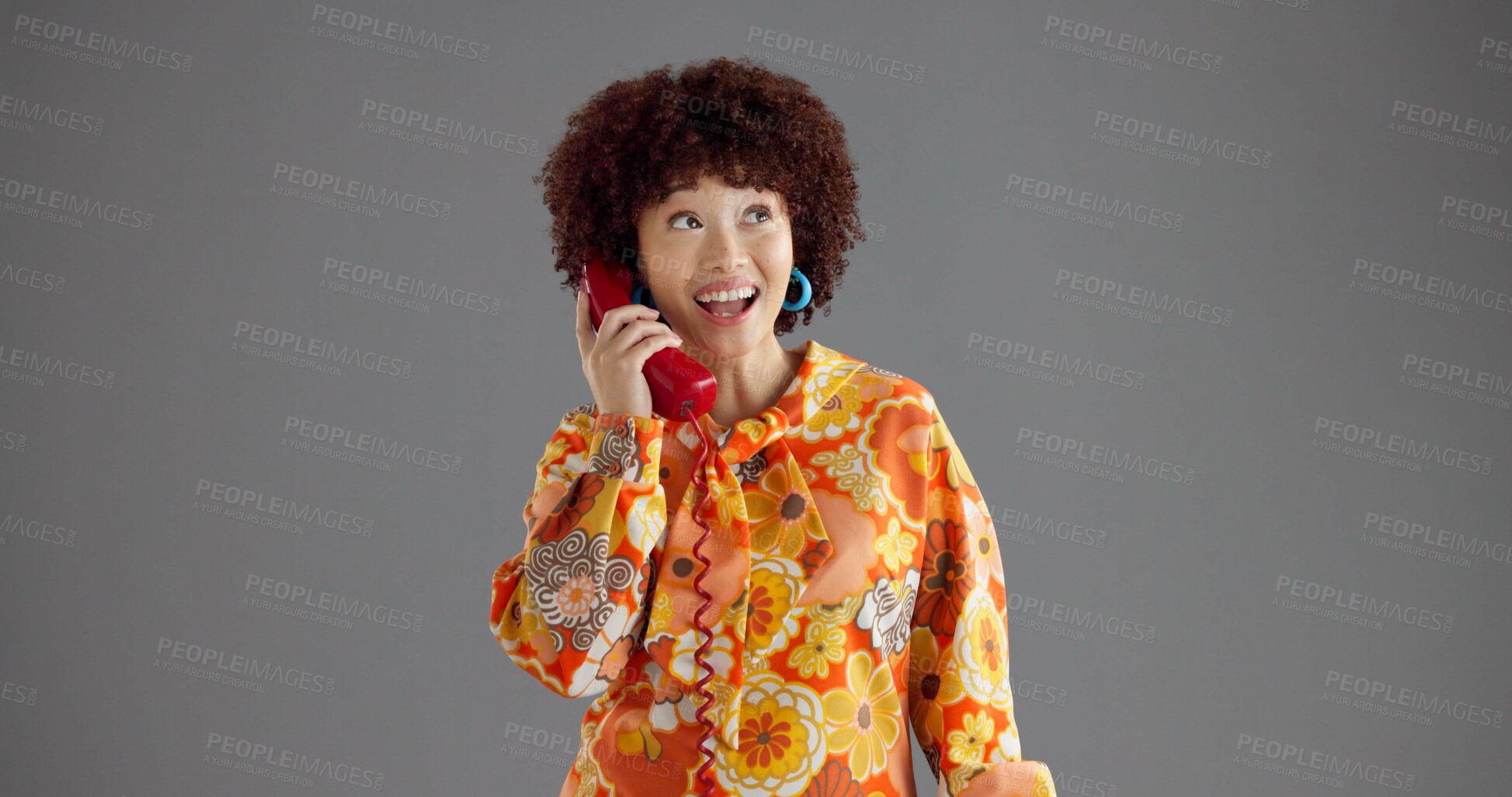 Buy stock photo Fashion, happy and woman with telephone in studio with trendy clothes, style and outfit. Vintage, retro aesthetic and person with phone call for communication, contact and gossip on gray background