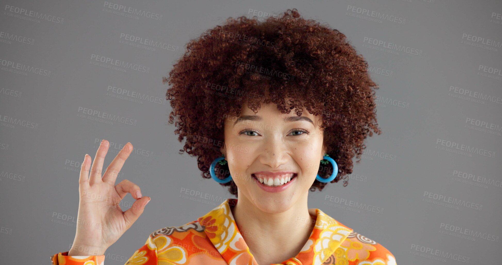 Buy stock photo Fashion, retro and okay sign with portrait of woman for groovy aesthetic, success and approval emoji. Feedback, vintage style and support with person on gray background for designer review and vote