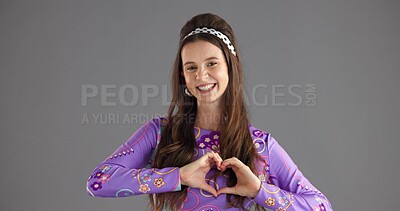 Buy stock photo Happy woman, portrait and vintage fashion with heart hands in studio for style on a gray background. Face, female person or model with smile, shape or romantic gesture for love in retro clothing