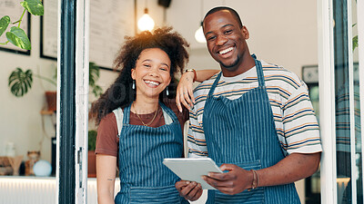 Buy stock photo Restaurant, entrance and portrait of team with tablet, smile and welcome with small business people. Partnership, confidence and cafe staff at door on digital app for online booking, orders or review