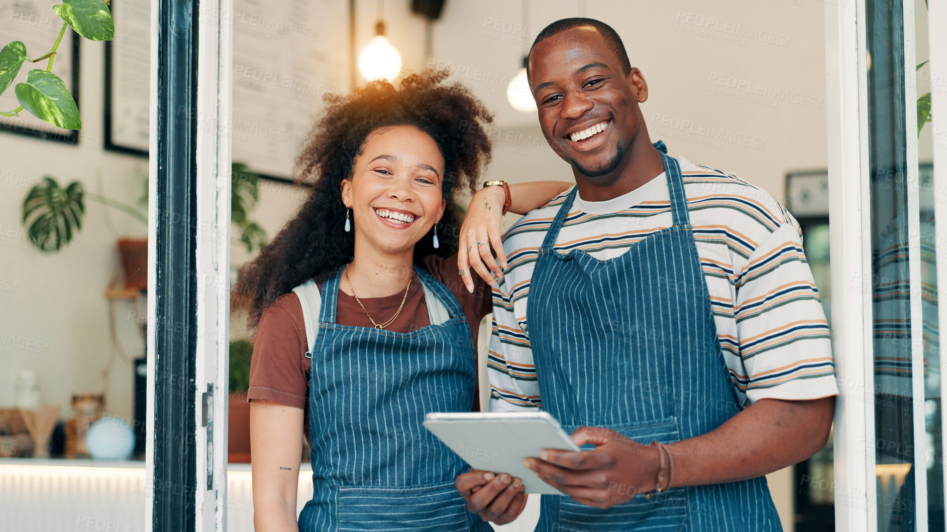 Buy stock photo Restaurant, entrance and portrait of team with tablet, smile and welcome with small business people. Partnership, confidence and cafe staff at door on digital app for online booking, orders or review