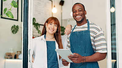 Buy stock photo Cafe, entrance and portrait of team with tablet, smile and welcome with small business people. Partnership, confidence and restaurant staff at door on digital app for online booking, orders or review