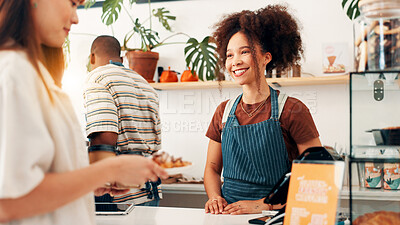 Buy stock photo Happy, croissant and woman with customer at cafe counter for serving, help and purchase breakfast. Restaurant, hospitality and waiter with client for pastry, sweet treats and baked food for takeaway