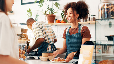 Buy stock photo Service, croissant and woman with customer at cafe counter for serving, help and purchase breakfast. Restaurant, hospitality and waiter with client for pastry, sweet treats or baked food for takeaway