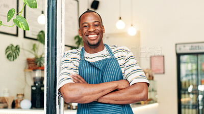Buy stock photo Portrait, smile and black man in coffee shop, arms crossed and hospitality industry with confidence. African person, business owner or entrepreneur with pride, welcome or entrance for cafe or waiter