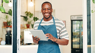 Buy stock photo Portrait, tablet and smile with black man in cafe for research, digital inventory or restaurant supply checklist. Waiter, catering review and small business owner with person in coffee shop for menu