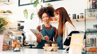 Buy stock photo Team, tablet and manager with people in cafe for research, digital inventory or restaurant training. Waitress, catering plan and small business owner with women in coffee shop for menu price