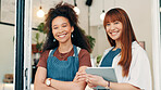 Cafe, door and portrait of team with tablet, smile and welcome with small business people. Partnership, confidence and restaurant staff at entrance on digital app for online booking, orders or review