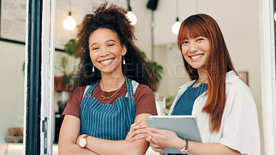 Buy stock photo Cafe, door and portrait of team with tablet, smile and welcome with small business people. Partnership, confidence and restaurant staff at entrance on digital app for online booking, orders or review