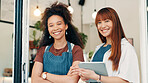 Cafe, door and portrait of team with tablet, smile and welcome with small business people. Partnership, confidence and restaurant staff at entrance on digital app for online booking, orders or review