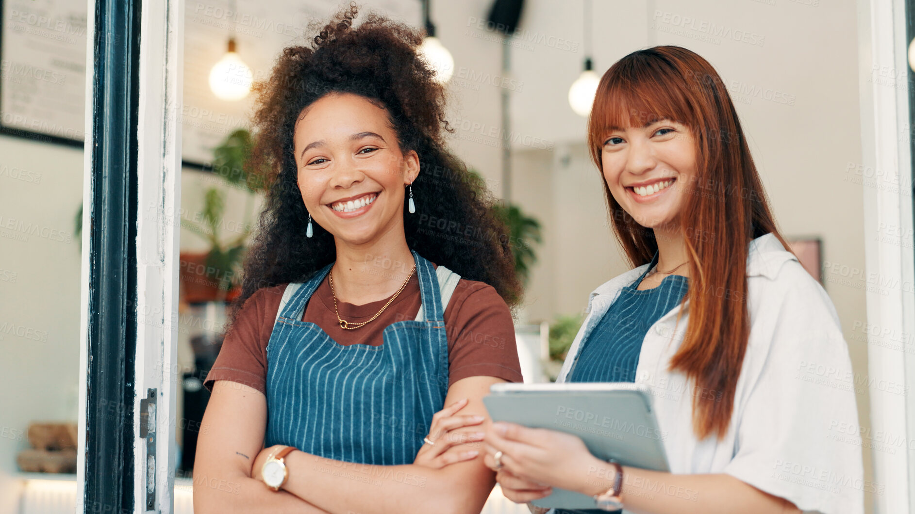 Buy stock photo Cafe, door and portrait of team with tablet, smile and welcome with small business people. Partnership, confidence and restaurant staff at entrance on digital app for online booking, orders or review
