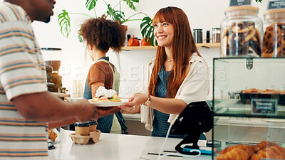 Buy stock photo Coffee shop, croissant and woman with customer at cafe counter for serving, help and breakfast. Restaurant, hospitality and waiter with client for pastry, sweet treats and baked food for takeaway