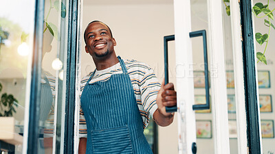 Buy stock photo Front door, thinking and open with black man in cafe for order, hospitality and small business vision. Restaurant, reflection and barista or person in coffee shop for bakery, future and catering